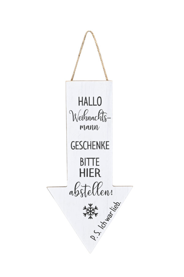 Schild z. Hg. "Hallo Weihnachtsmann" / 15xH30cm + 8cm Hänger / weiss-schwarz