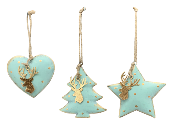 Xmas Hänger Teal, 3 Stück, Metall, 7,8x1,6x7 cm